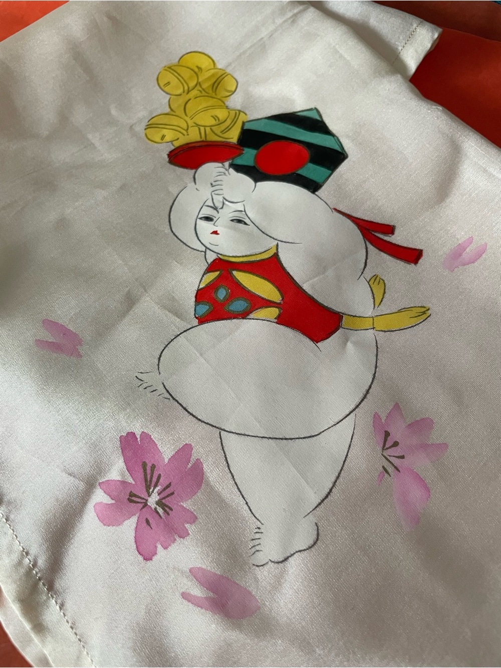 Vintage Hand-Painted Furoshiki Silk- Gosho Ningyo